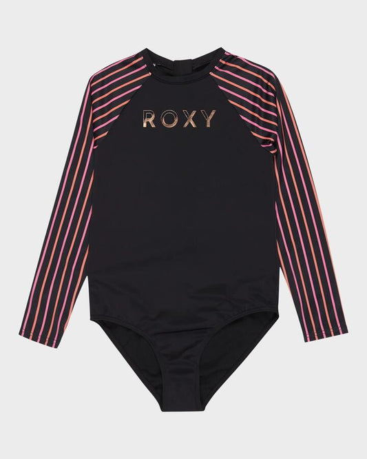 Image of a model wearing Tops. Productname: Roxy Girls 6-16 Active Floral Long Sleeve Onesie Rash Vest Anthracite Bold Stripe - in Anthracite Bold Stripe colour by brand - Roxy