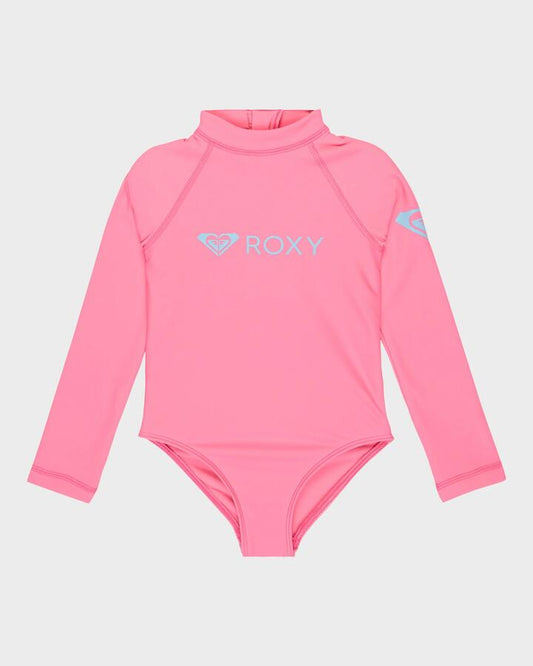Image of a model wearing Tops. Productname: Roxy Girls 2-7 Heate Long Sleeve Onesie Rash Vest Pink Cosmos - in Pink Cosmos colour by brand - Roxy