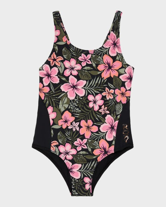 Image of Swimwear. Productname: Roxy Girls 6-16 Active Floral One Piece Swimsuit Anthracite Fearless Floral - in Anthracite Fearless Floral colour by brand - Roxy