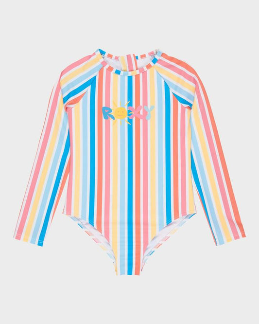 Image of a model wearing Tops. Product name - Roxy Girls 2-7 Holly Stripe Long Sleeve Onesie Rash Vest Bright White Holy Stripe in Bright White Holy Stripe colour by brand - Roxy