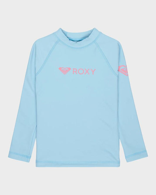 Image of a model wearing Tops. Productname: Roxy Girls 2-7 Roxy Heater Long Sleeve Rash Vest Sky Blue - in Sky Blue colour by brand - Roxy
