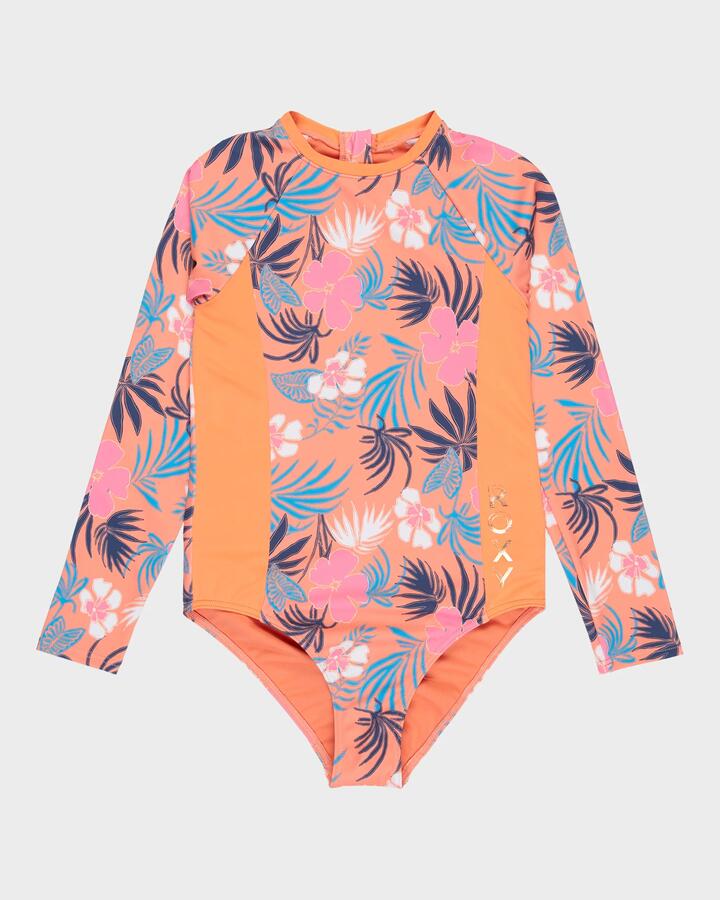 Image of a model wearing Tops. Product name - Roxy Girls 6-16 Active Long Sleeve Rash Vest Coral Chic Call Of The Wild in Coral Chic Call Of The Wild colour by brand - Roxy