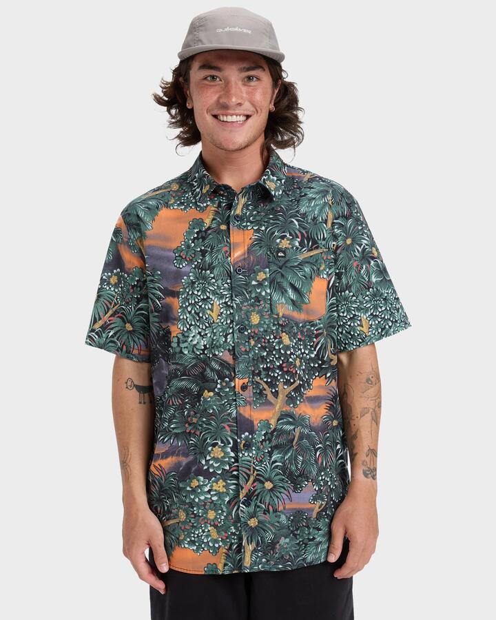 Image of a model wearing Tops. Product name - Quiksilver Mens Apero Classic Short Sleeve Shirt India Ink Hidden Gem in India Ink Hidden Gem colour by brand - Quiksilver