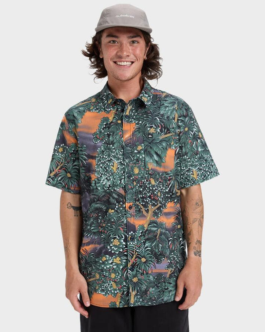 Image of a model wearing Tops. Product name - Quiksilver Mens Apero Classic Short Sleeve Shirt India Ink Hidden Gem in India Ink Hidden Gem colour by brand - Quiksilver