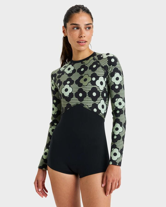 Image of a model wearing Tops. Productname: Roxy Womens Pro Wave Long Sleeve Rash Vest Anthracite Roxy Pro - in Anthracite Roxy Pro colour by brand - Roxy