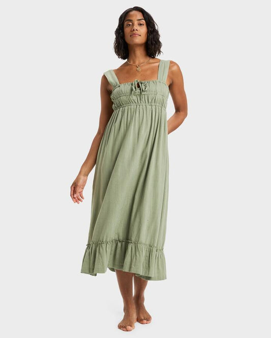 Image of Dresses. Product name - Roxy Womens Paradise Winds Midi Dress Oil Green in Oil Green colour by brand - Roxy