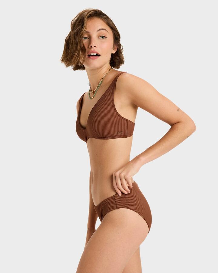 Image of a model wearing Tops. Product name - Roxy Womens Rib Roxy Love The Ocena V Bikiini Top Tiramisu in Tiramisu colour by brand - Roxy