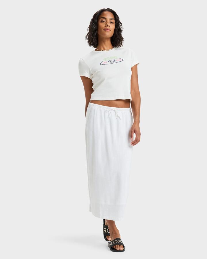 Image of a model wearing Skirts. Productname: Roxy - Womens Over The Waves Midi Skirt - Bright White - in Bright White colour by brand - Roxy