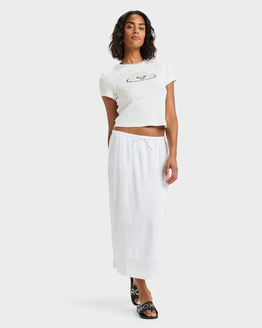 Image of a model wearing Skirts. Productname: Roxy - Womens Over The Waves Midi Skirt - Bright White - in Bright White colour by brand - Roxy