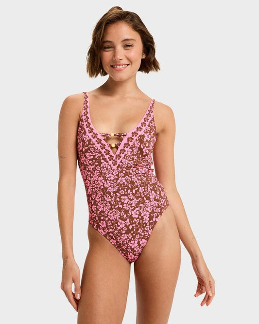 Image of Swimwear. Productname: Roxy - Womens Kerline One Piece Swimsuit - Tiramisu Kerlina Border - in Tiramisu Kerlina Border colour by brand - Roxy