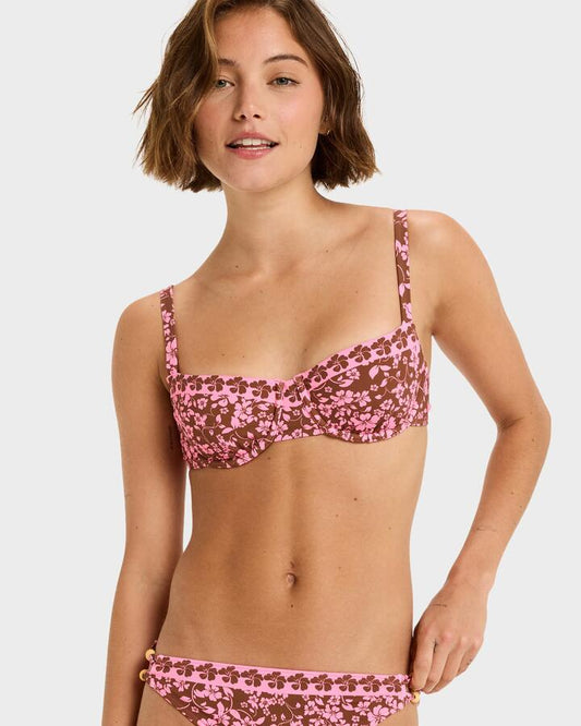 Image of a model wearing Tops. Productname: Roxy - Womens Kerlina Bralette Bikini Top - Tiramisu Kerlina Border - in Tiramisu Kerlina Border colour by brand - Roxy