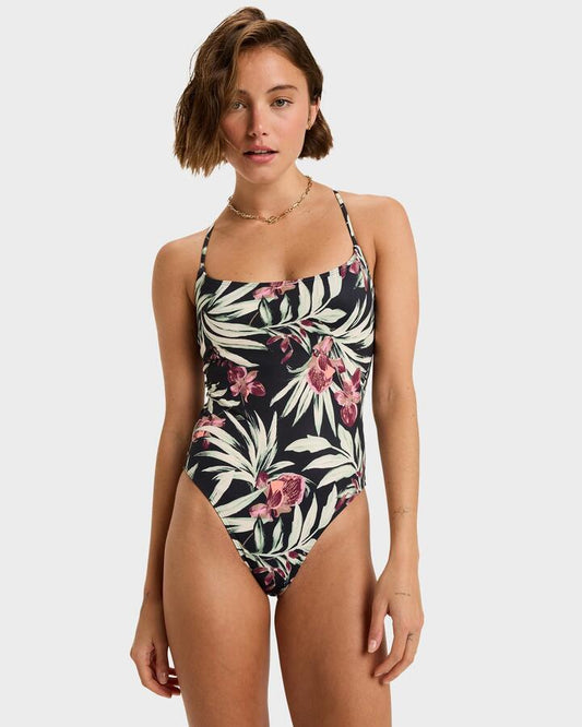 Image of Swimwear. Productname: Roxy Womens Beach Clessics One Piece Swimsuit Anthracite Wind Swept Floral - in Anthracite Wind Swept Floral colour by brand - Roxy