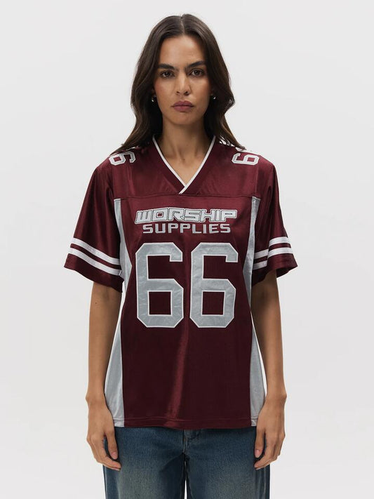 Image of a model wearing Tops. Productname: Worship Punter Football Jersey in Wine/ Baby Blue colour by brand - Worship
