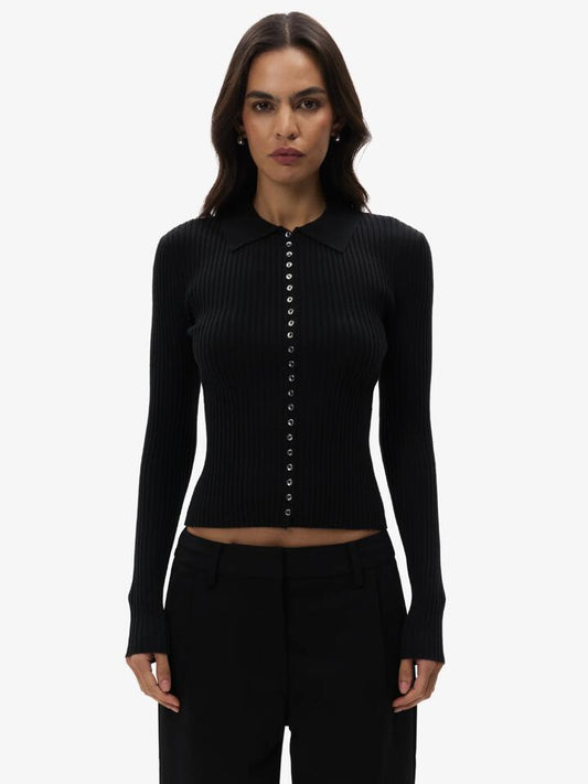 Image of a model wearing Tops. Productname: MSE Long Sleeve Button Up Knit in Black colour by brand - MSE