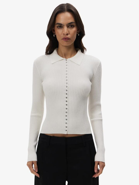 Image of a model wearing Tops. Productname: MSE Long Sleeve Button Up Knit in Off White colour by brand - MSE
