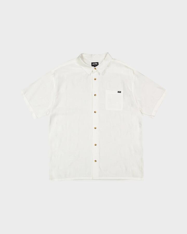 Image of a model wearing Tops. Productname: Billabong Mens Sundays Jaquard Short Sleeve Shirt Off White - in Off White colour by brand - Billabong