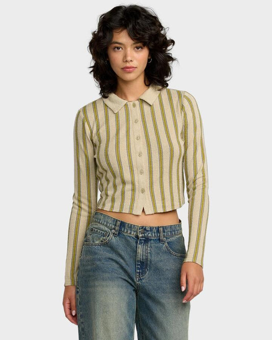 Image of a model wearing Tops. Productname: RVCA Womens Willow Long Sleeve Shirt Eucalyptus - in Eucalyptus colour by brand - RVCA