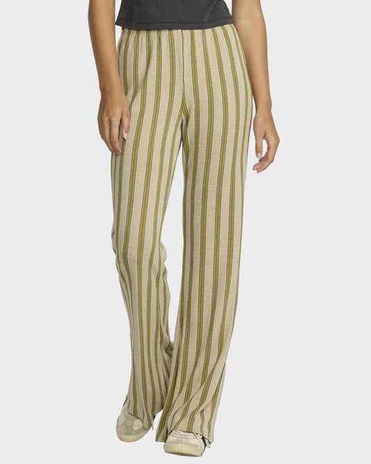 Image of a model wearing Pants. Productname: RVCA Womens Willow Elastic Waist Pants Eucalyptus - in Eucalyptus colour by brand - RVCA