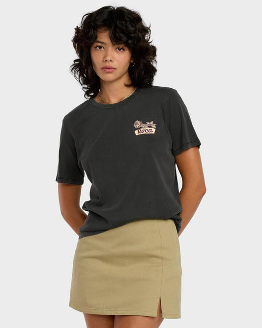 Image of a model wearing Skirts. Productname: RVCA Womens Reform Mini Skirt Olive Grey - in Olive Grey colour by brand - RVCA