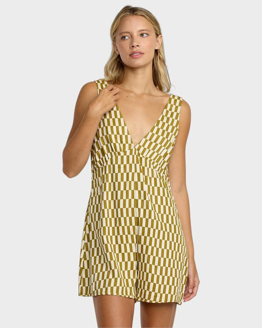 Image of a model wearing Outerwear. Productname: RVCA Womens Sunnie Jumper Cover Up Romper Moss Green - in Moss Green colour by brand - RVCA