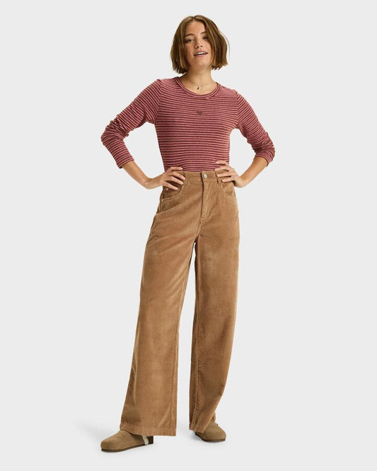 Image of a model wearing Pants. Productname: Roxy Womens Surf On Cloud Cord Pants Woodsmoke - in Woodsmoke colour by brand - Roxy
