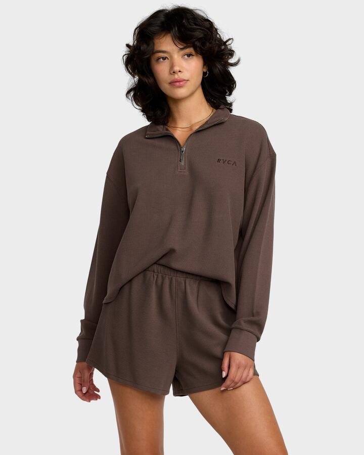 Image of a model wearing Shorts. Product name - RVCA Womens Glory Waffle Elastic Waist Shorts Brown Bear in Brown Bear colour by brand - RVCA