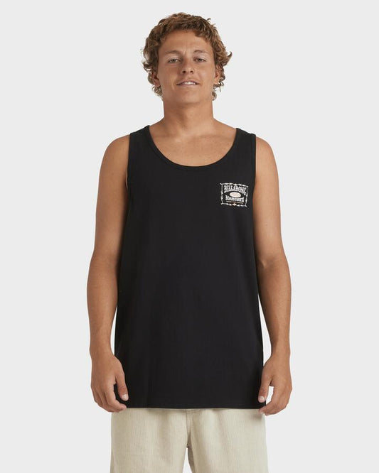 Image of a model wearing Tops. Productname: Billabong Mens Double Spread Tank Top Black - in Black colour by brand - Billabong