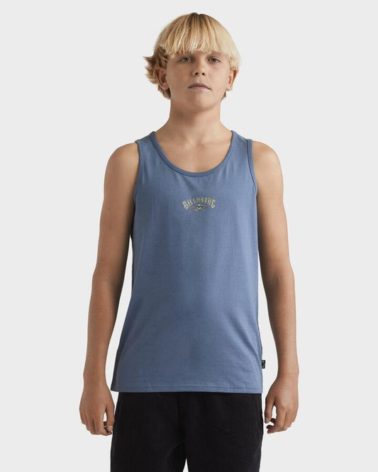 Image of a model wearing Tops. Productname: Billabong Boys 8-16 Crossboards Tank Top Steel Blue - in Steel Blue colour by brand - Billabong