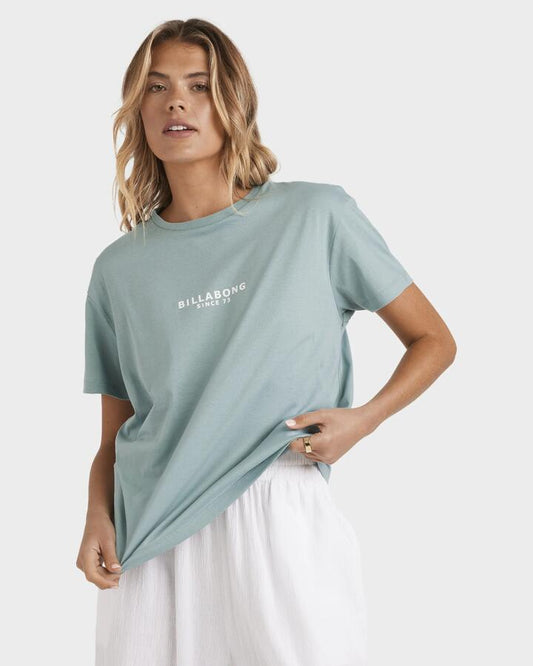 Image of a model wearing Tops. Productname: Billabong Womens Emerald Island T-Shirt Blue Fog - in Blue Fog colour by brand - Billabong