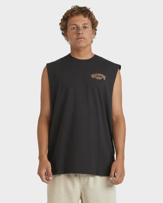 Image of a model wearing Tops. Productname: Billabong Mens Heritage Arch Muscle Shirt Washed Black - in Washed Black colour by brand - Billabong