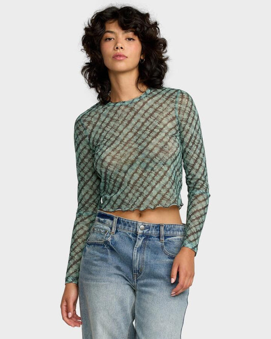 Image of a model wearing Tops. Productname: RVCA Womens River Long Sleeve T-Shirt Sea Green - in Sea Green colour by brand - RVCA