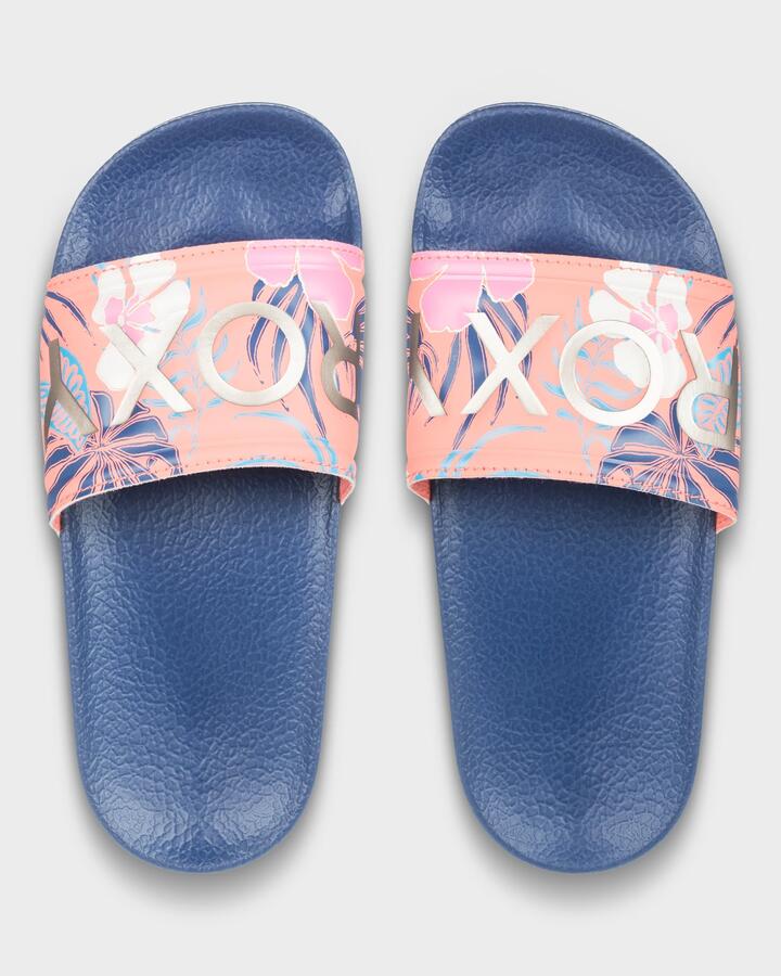 Image of Slippers. Product name - Roxy Girls 8-16 Slippy Ii Slides Navy/ Orange in Navy/ Orange colour by brand - Roxy