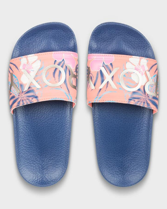 Image of Slippers. Product name - Roxy Girls 8-16 Slippy Ii Slides Navy/ Orange in Navy/ Orange colour by brand - Roxy