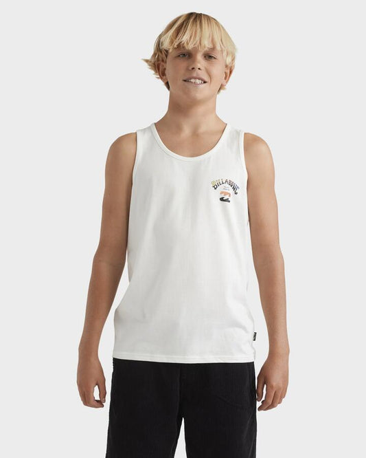Image of a model wearing Tops. Productname: Billabong Boys 8-16 Heritage Arch Tank Top Off White - in Off White colour by brand - Billabong