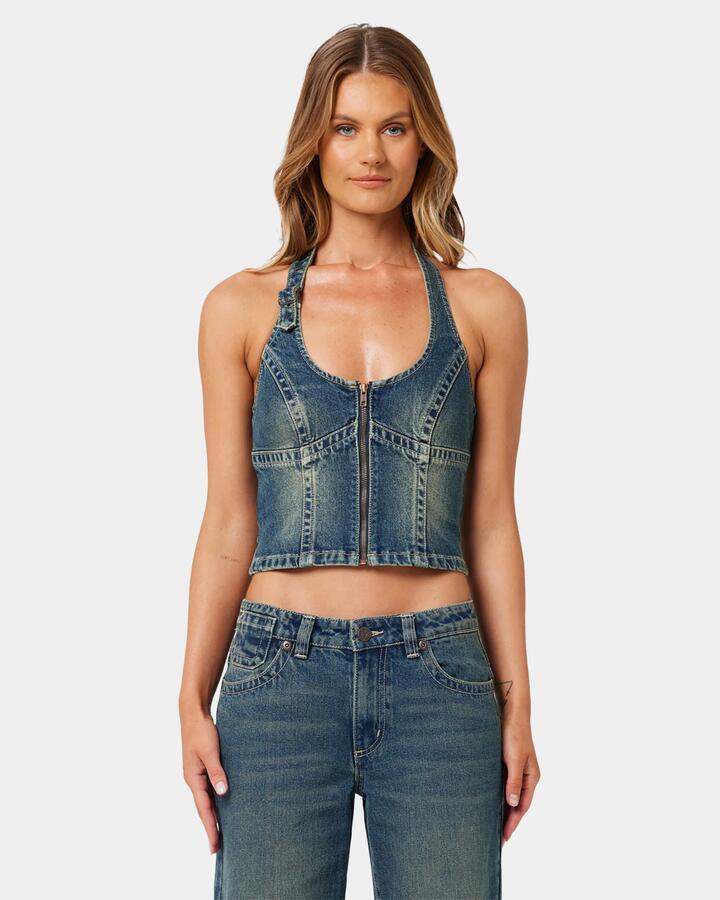 Image of a model wearing Tops. Productname: A Brand - Womens A Brand X Rip Curl Top Zola - Tint Dark Blue - in Tint Dark Blue colour by brand - A Brand