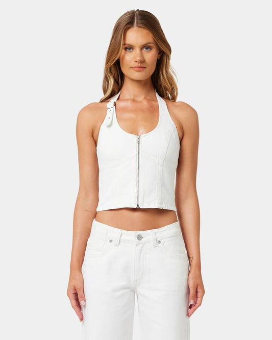 Image of a model wearing Tops. Productname: A Brand - Womens A Brand X Rip Curl White Wash Tank Top - White - in White colour by brand - A Brand