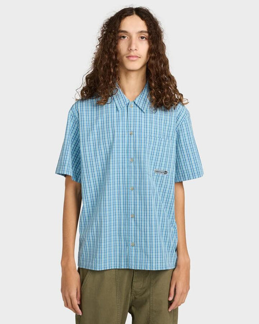 Image of a model wearing Tops. Productname: Element - Mens Napkins Short Sleeve Shirt - Napkins Blue - in Napkins Blue colour by brand - Element