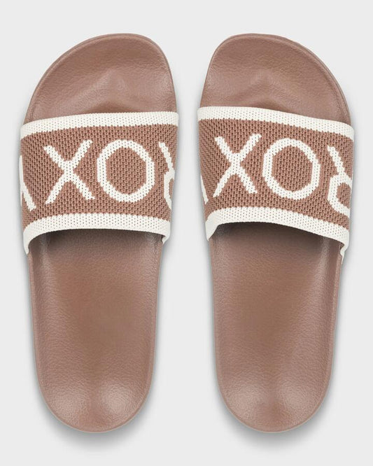 Image of Slippers. Product name - Roxy Womens Slippy Knit Slides Tiramisu in Tiramisu colour by brand - Roxy