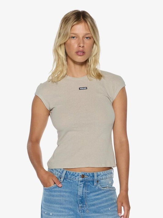 Image of a model wearing Tops. Productname: Ksubi Staple SS Tee in TAUPE colour by brand - Ksubi