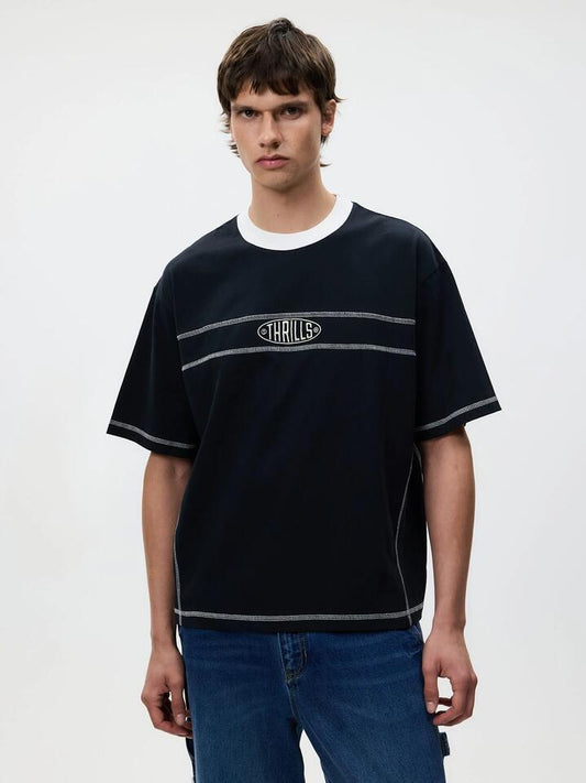 Image of a model wearing Tops. Productname: Thrills Consequence Box Oversize Tee in BLACK colour by brand - Thrills