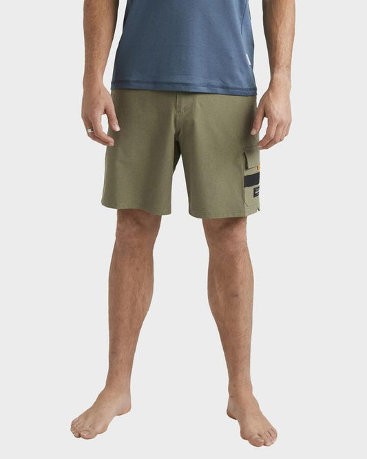 Image of a model wearing Shorts. Productname: Quiksilver - Mens Azimuth 2 Amphibian 19" Hybrid Shorts - Olive - in Olive colour by brand - Quiksilver