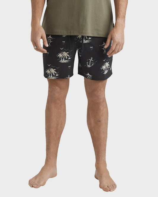 Image of a model wearing Shorts. Productname: Quiksilver - Mens Horizon Haze Swim Shorts - Black - in Black colour by brand - Quiksilver