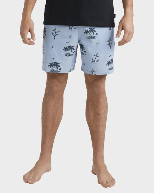 Image of a model wearing Shorts. Product name - Quiksilver Mens Horizon Haze Swim Shorts Ashley Blue in Ashley Blue colour by brand - Quiksilver