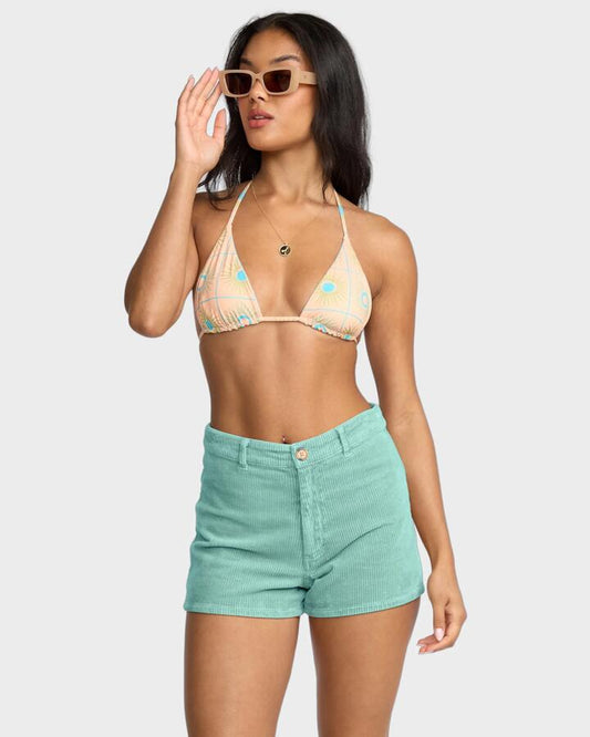 Image of a model wearing Shorts. Productname: Billabong Womens Free Fall Cord Denim Shorts Misty Blue - in Misty Blue colour by brand - Billabong