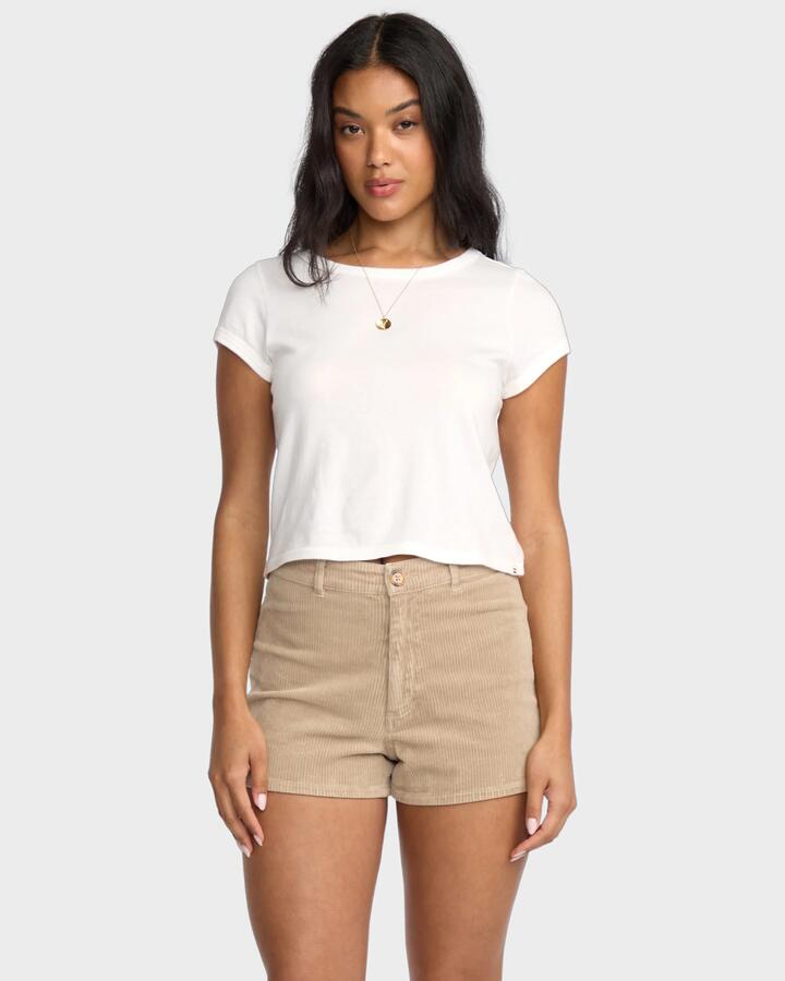 Image of a model wearing Shorts. Productname: Billabong Womens Free Fall Cord Denim Shorts Cobblestone - in Cobblestone colour by brand - Billabong