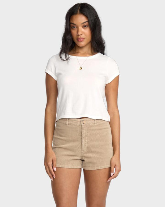 Image of a model wearing Shorts. Productname: Billabong Womens Free Fall Cord Denim Shorts Cobblestone - in Cobblestone colour by brand - Billabong