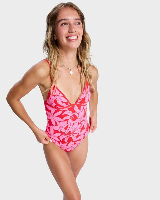 Image of Swimwear. Productname: Roxy - Womens Khloe One Piece Swimsuit - Tomato Klaeido - in Tomato Klaeido colour by brand - Roxy