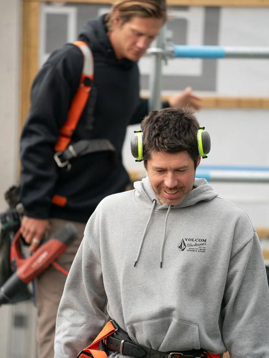 Image of a model wearing Uniforms & Workwear. Productname: Volcom - Mens Workwear Pullover Hoodie - Heather Grey - in Heather Grey colour by brand - Volcom