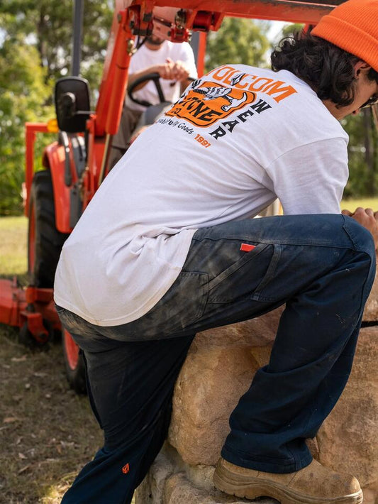 Image of a model wearing Uniforms & Workwear. Productname: Volcom - Mens Workwear Caliper Relaxed Carpetner Pants - Navy - in Navy colour by brand - Volcom