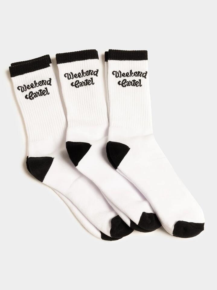 Image of Socks. Productname: Weekend Cartel 3 Pairs of Script Logo Crew Socks ONE SIZE Black/White in Black/White colour by brand - Weekend Cartel